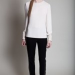 Backless blouse with leather sleeve  detail 