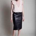 Nude blouse with leather sleeve detail